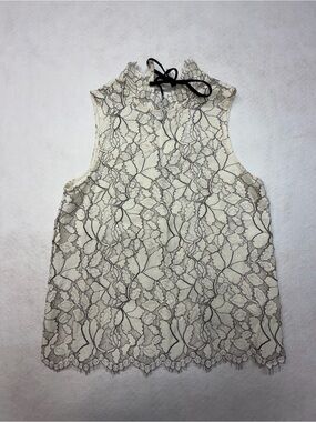 Sleeveless Lace High-Neck Top with Tie Detail - Cream/Black